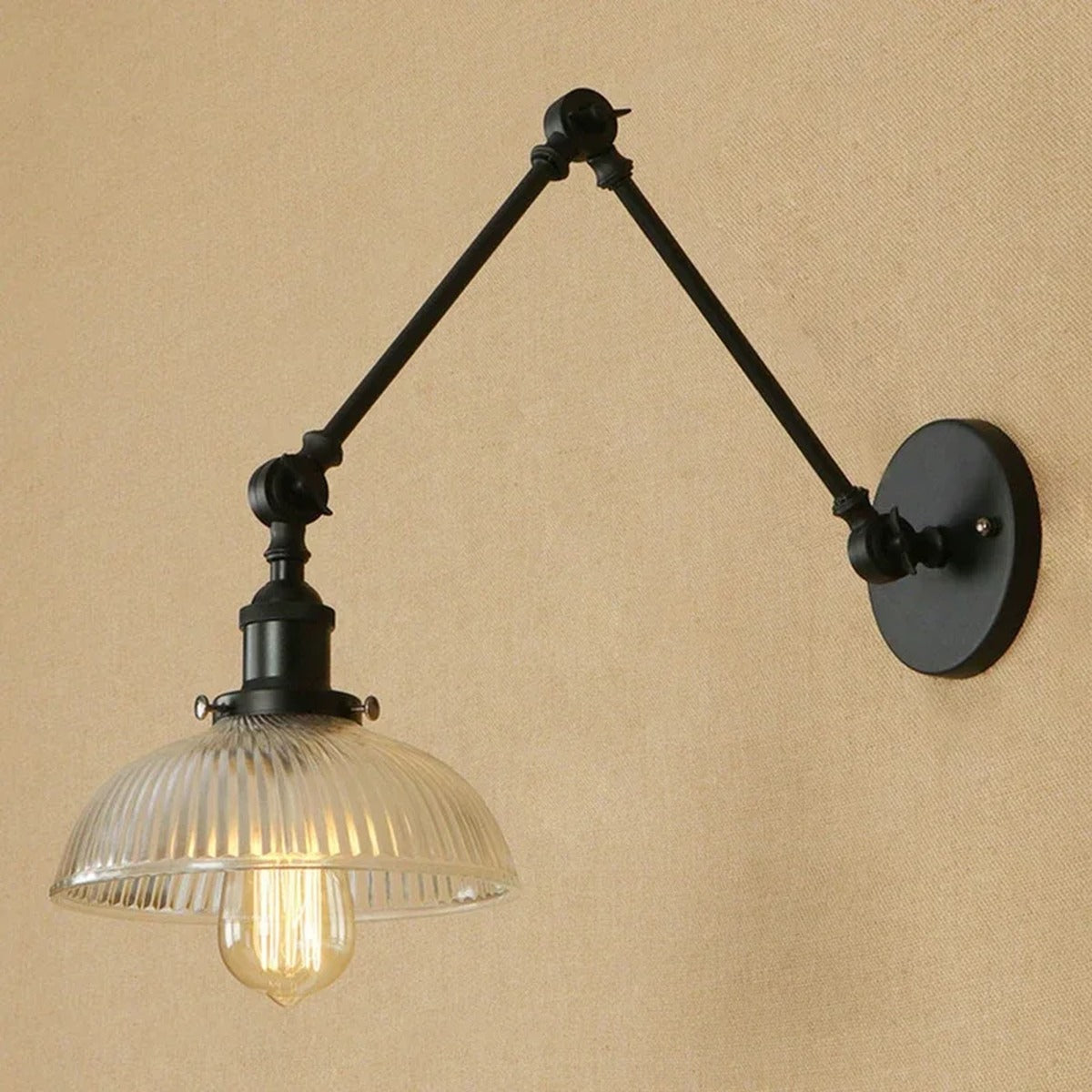 Ribbed Glass Swing-Arm Wall Sconce Velindros – Black Finish, Side View