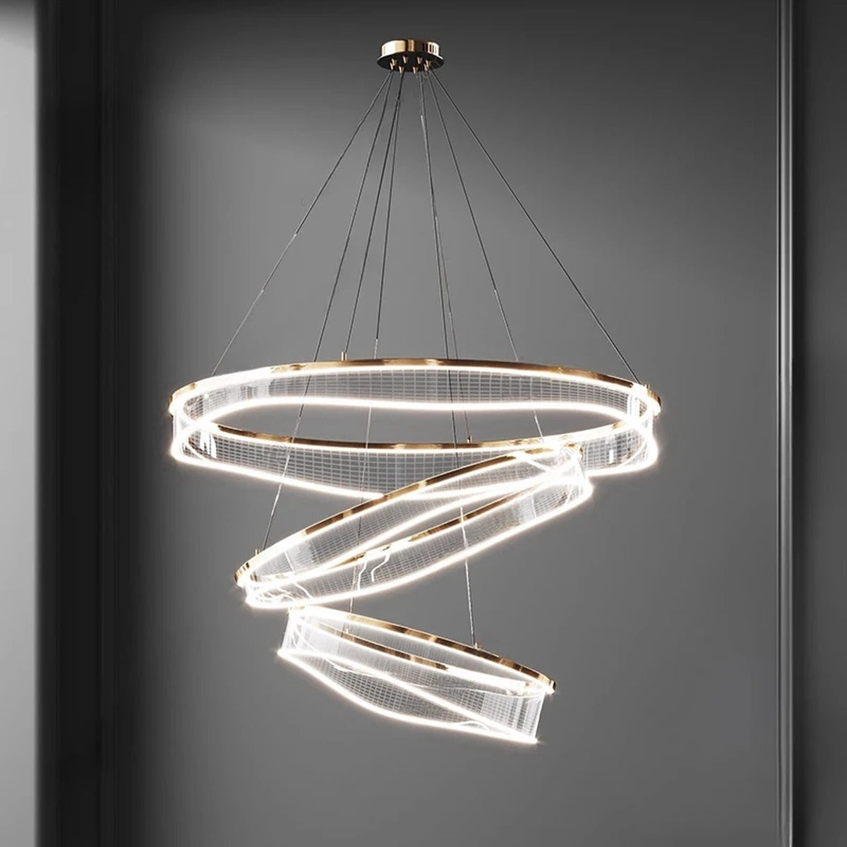 Calesto three-ring chandelier, linear diffuser detail