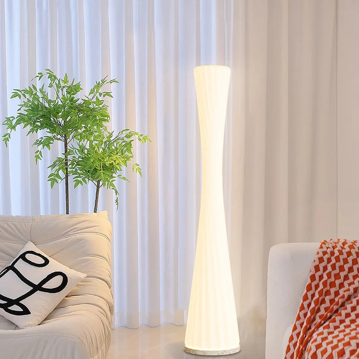 Twisted Sculptural Acrylic Floor Lamp Conveth – Lifestyle, Sheer Curtain