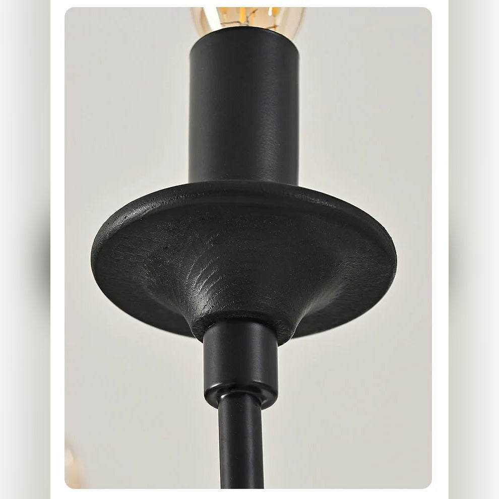 Candelabra Black Wood & Iron Twisted-Stem Chandelier – Vexon – Turned Wood Stem Detail
