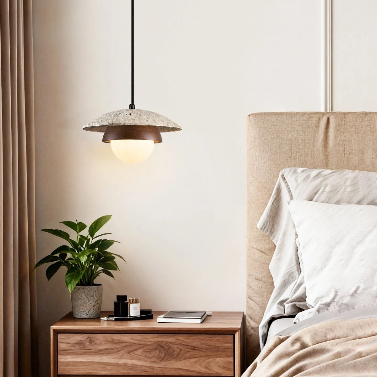 Petravo Travertine Dome Pendant - Bedside Lifestyle View