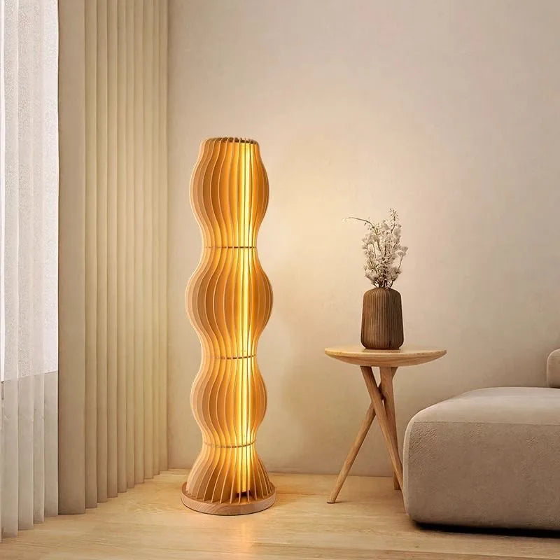 Wood Slat Organic Wave Floor Lamp – Luxareth – Lifestyle Corner View