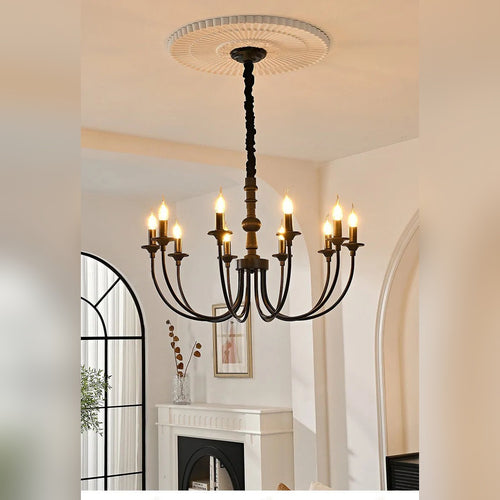Candelabra Black Wood & Iron Twisted-Stem Chandelier – Vexon – Lifestyle View