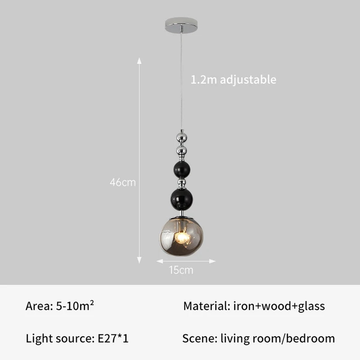 Beaded Chain Glass Globe Pendant Centralis — Smoke Gray
