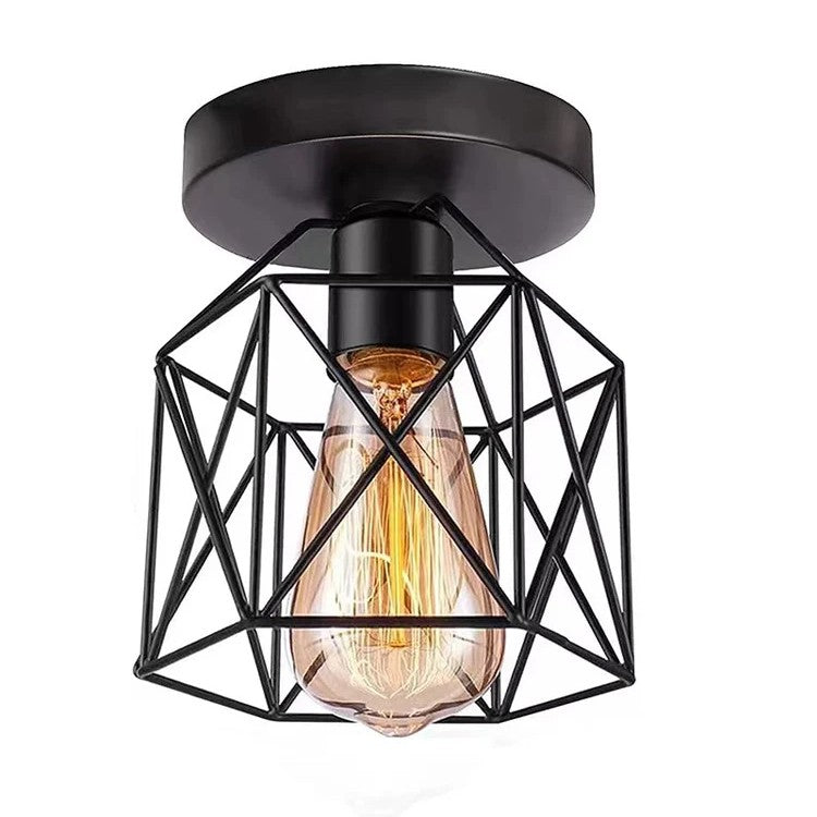 Geometric Wire Cage Ceiling Light Vexion – Lit Detail with Filament Bulb