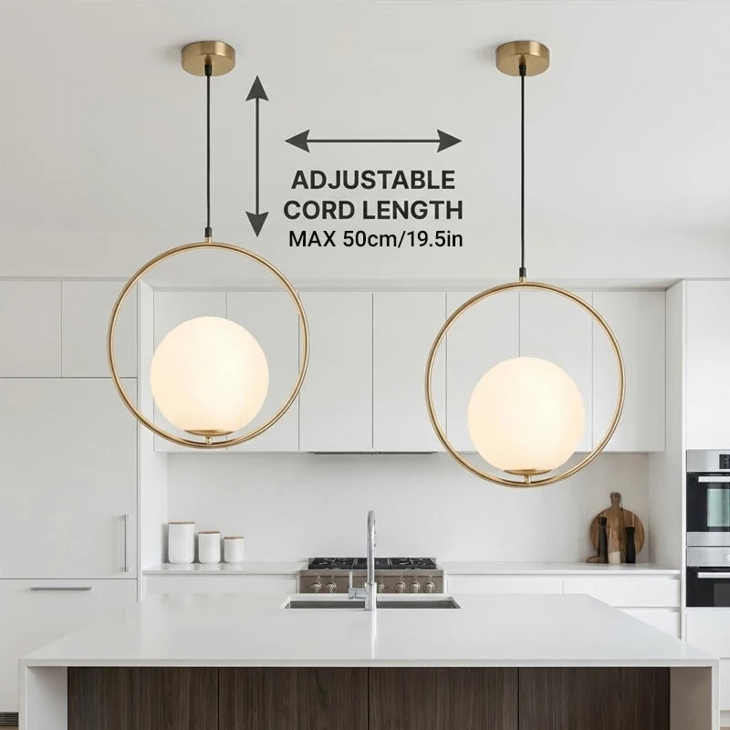 Aureon Brass Ring Opal Globe Pendant – Kitchen Island, Adjustable Cord