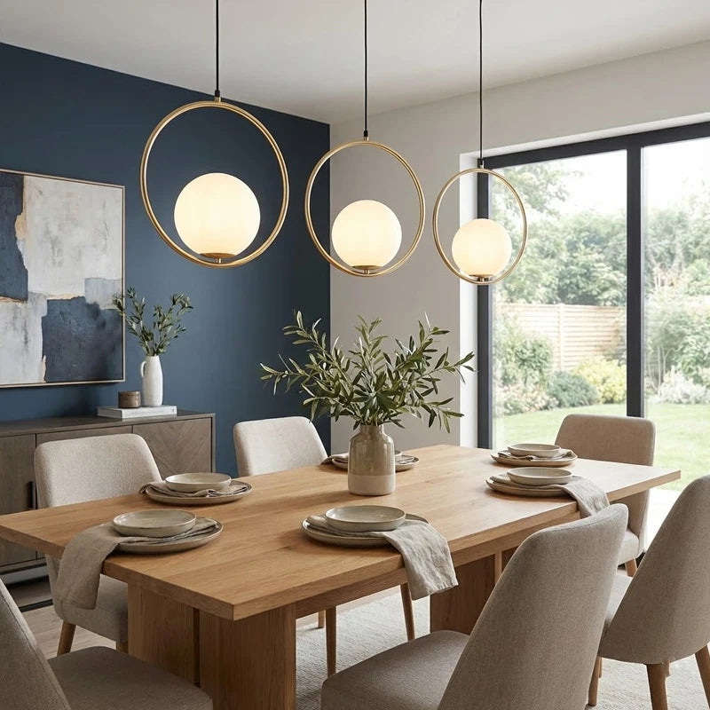 Aureon Brass Ring Opal Globe Pendant – Dining Table Trio