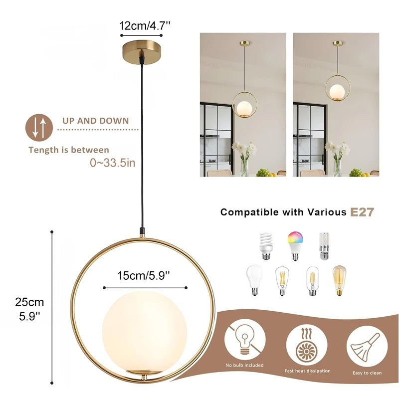 Aureon Brass Ring Opal Globe Pendant – Bulb Compatibility & Dimensions