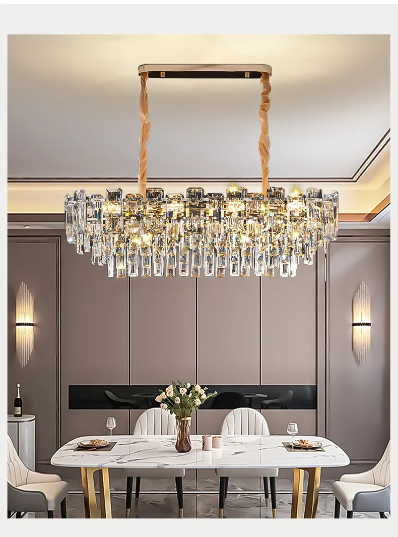 Prism-Cut Crystal Chandelier Axeliora – Linear silhouette over dining table