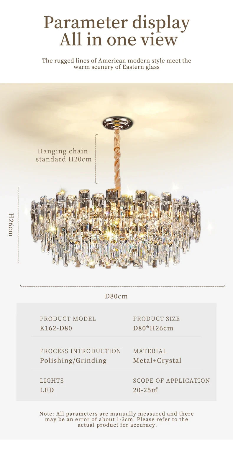 Prism-Cut Crystal Chandelier Axeliora – dimensions and hanging chain detail