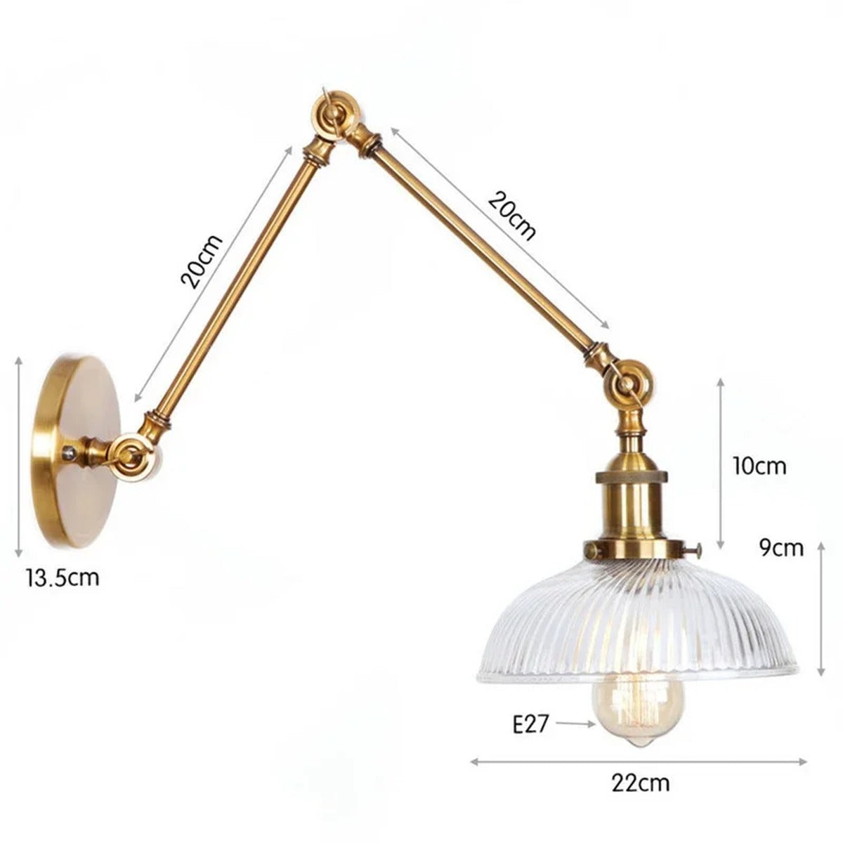 Ribbed Glass Swing-Arm Wall Sconce Velindros – Brass Finish Detail & Dimensions
