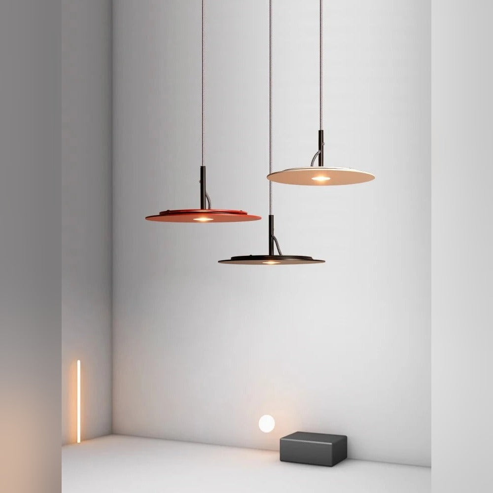 Fwaelion floating acrylic disc pendant light in white, black and red finishes