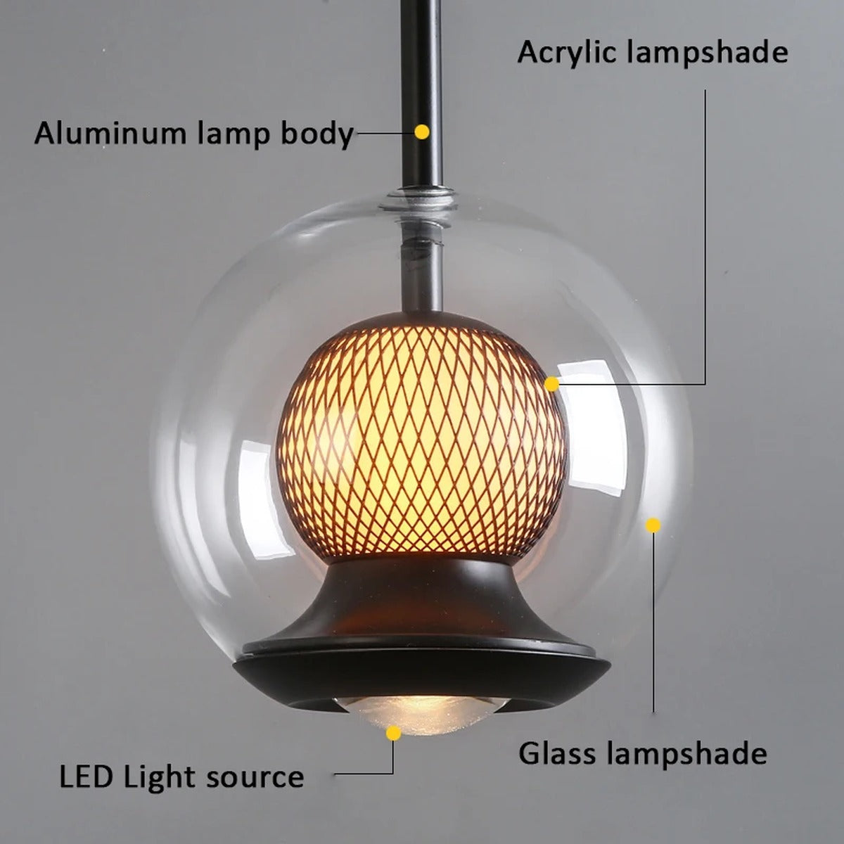 Glass Globe & Inner Mesh Pendant Light – Evrix – Construction Detail, Aluminum Body and Glass Shade