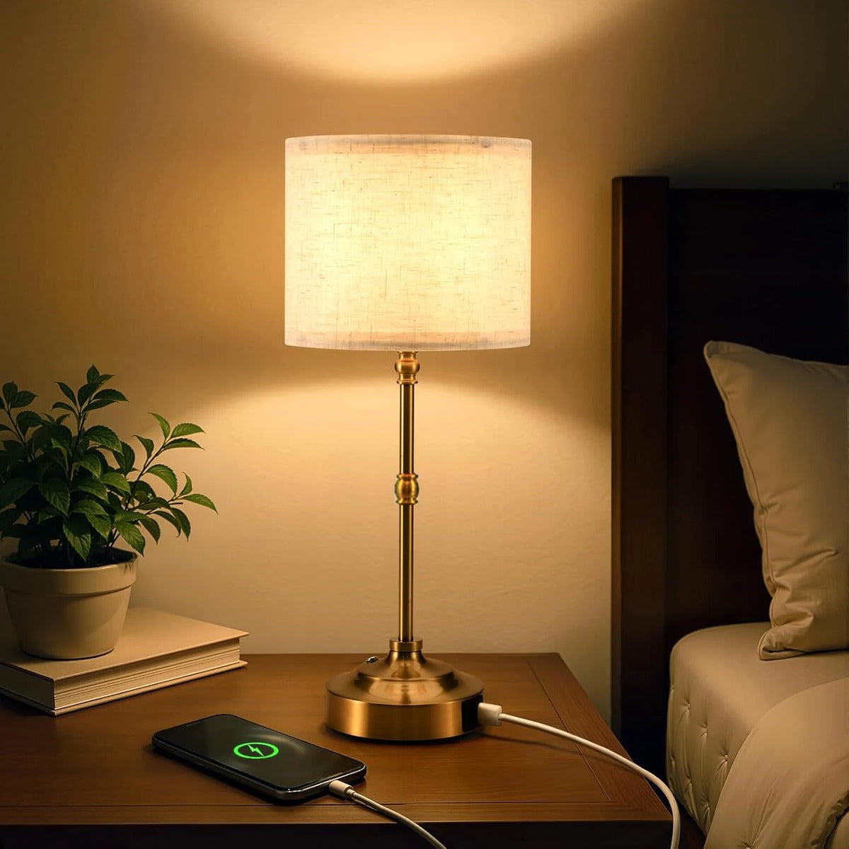 Brass Column Linen Shade Table Lamp – Intimara – Hero Shot