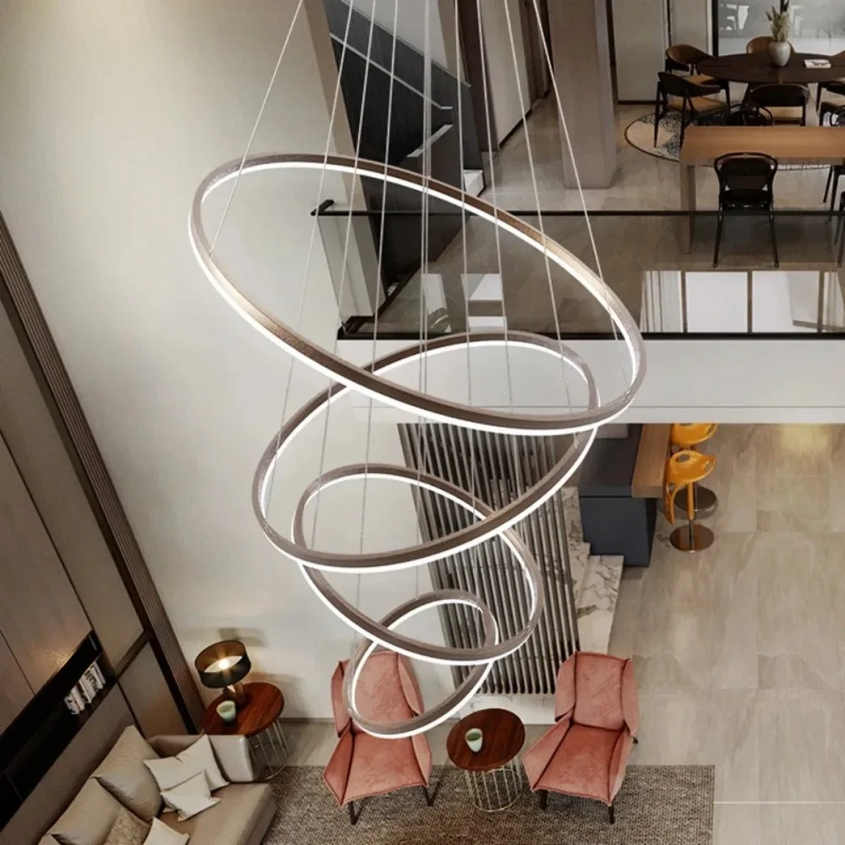 Hexalum cascading ring chandelier in Brown, six-ring configuration, staircase