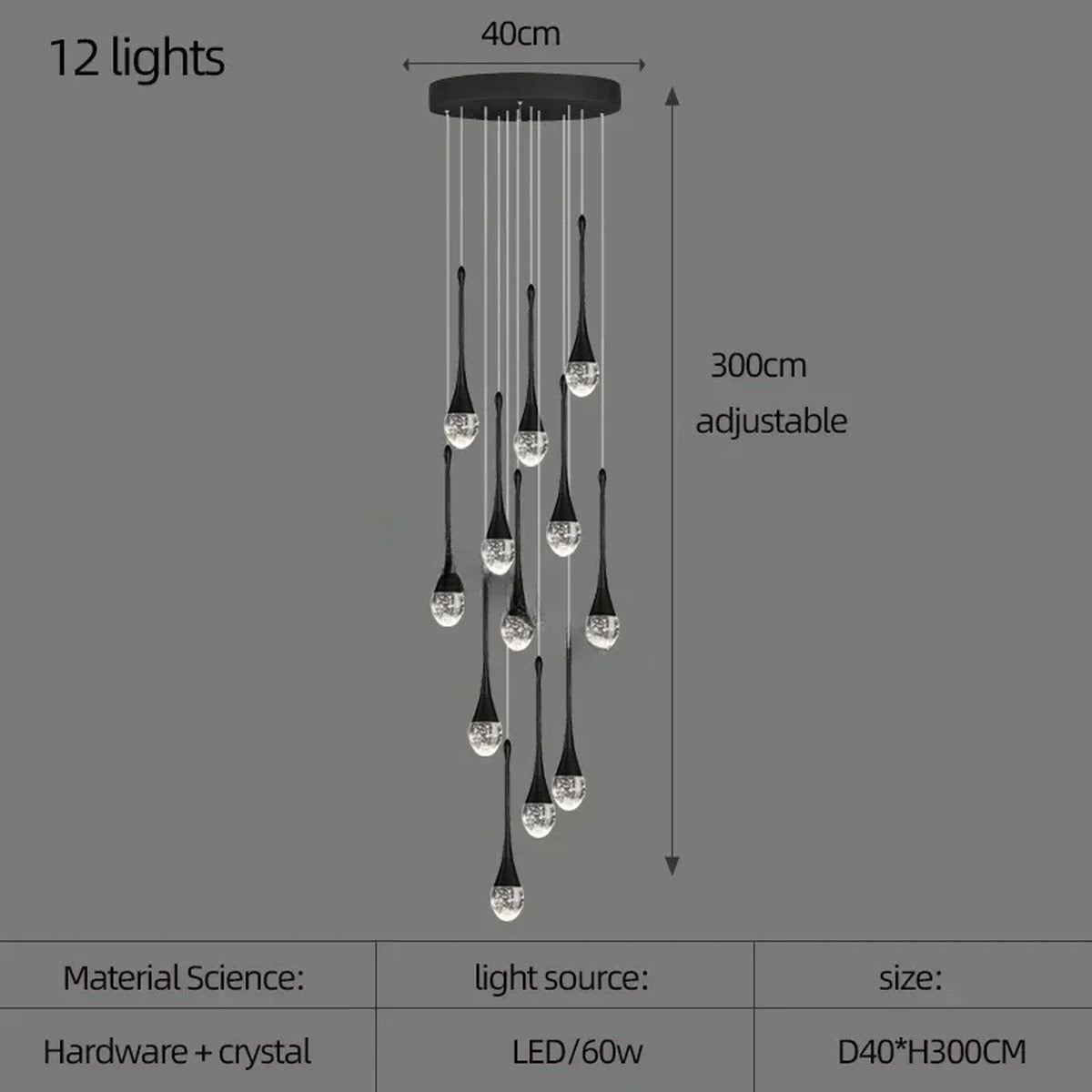 Crystal Raindrop Spiral Chandelier – Lumenvault – Size Chart, 12 Lights