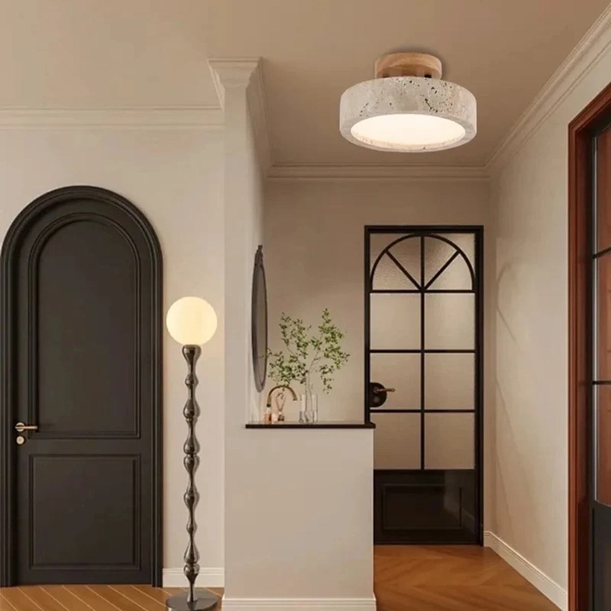 Natural Travertine Flush-Mount Ceiling Light Petrano – Lifestyle View