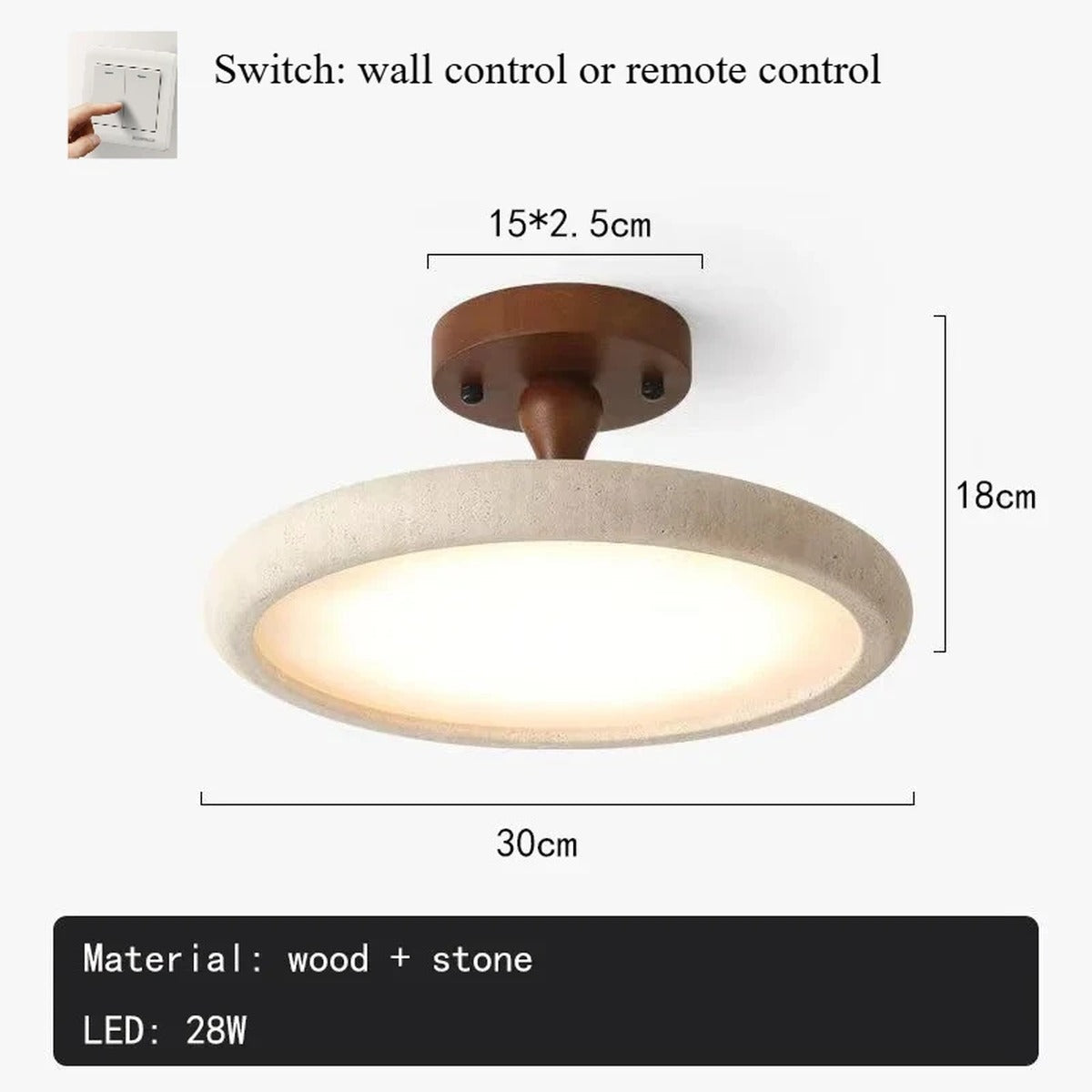 Stone & Walnut Flush Ceiling Light – Terrox – Product Detail 7