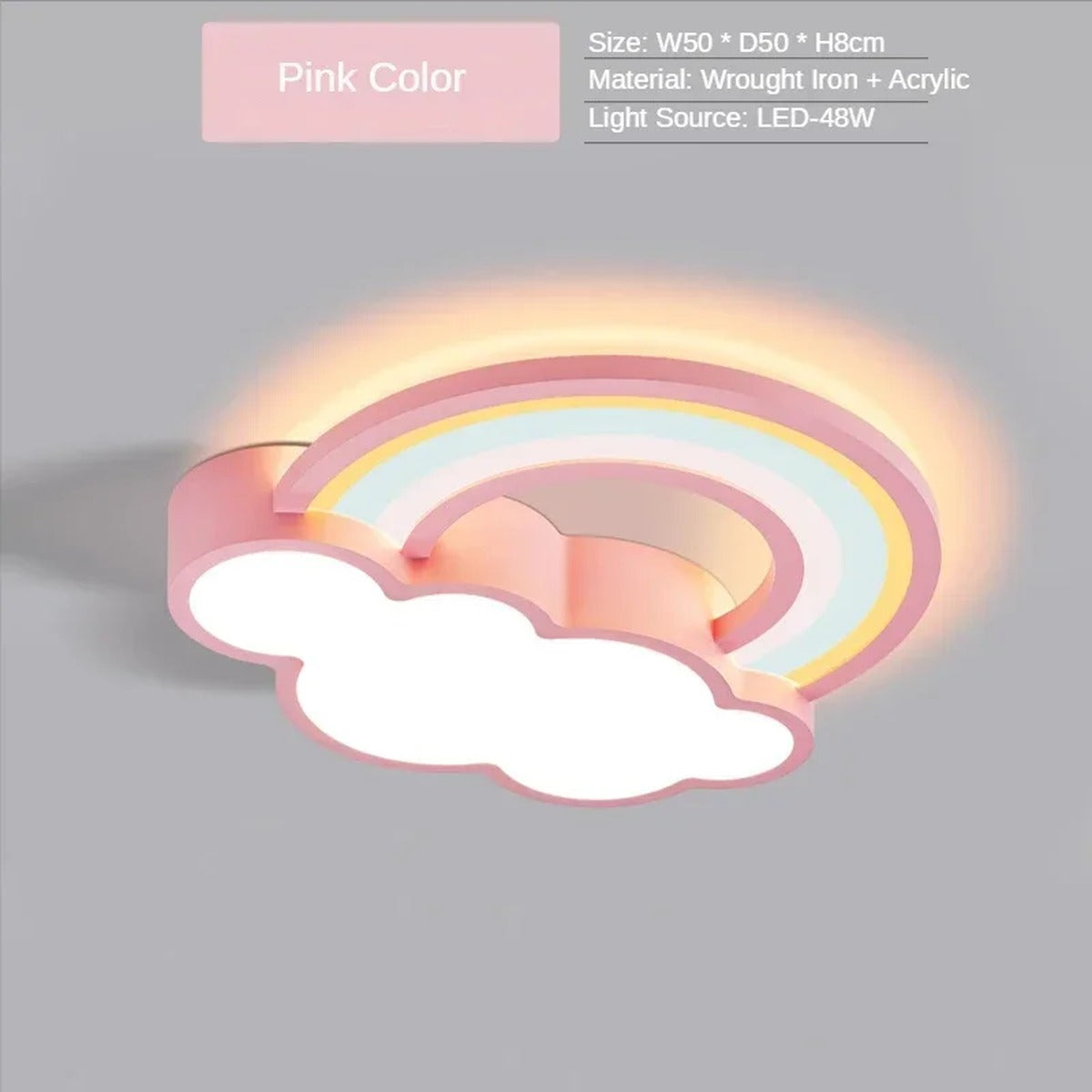 Quieton rainbow and cloud LED ceiling light, Pink Color, size and material detail