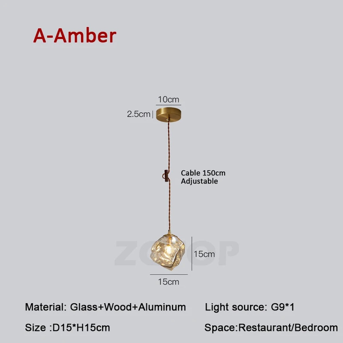 Organic Crumpled Glass Pendant Light Tolux — Brass Fitting / Amber, dimensions D15xH15cm