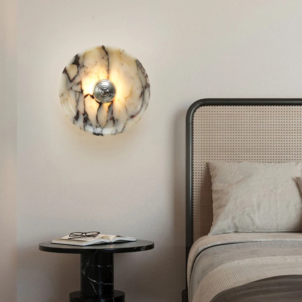 Marble Circle Wall Sconce Ovrixa - Chrome finish bedside detail