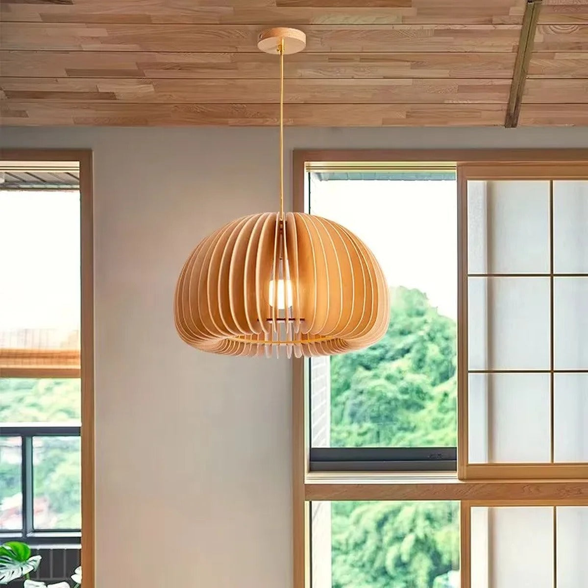 Bent Wood Veneer Orb Pendant Light – Wevorn – Lifestyle View 4