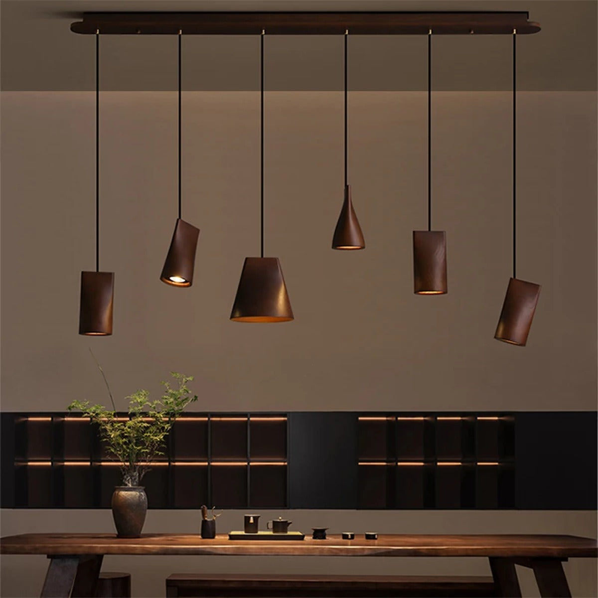 Solid Wood Sculptural Multi-Pendant Chandelier – Larven – 6-Head Linear, Dark Wood, Lifestyle