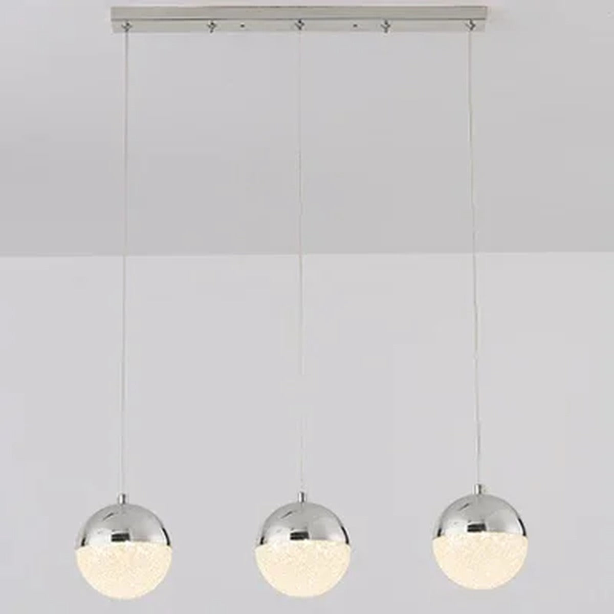Sand-Textured Crystal Sphere Chandelier Orvenna — 3 Heads Linear Canopy, Silver