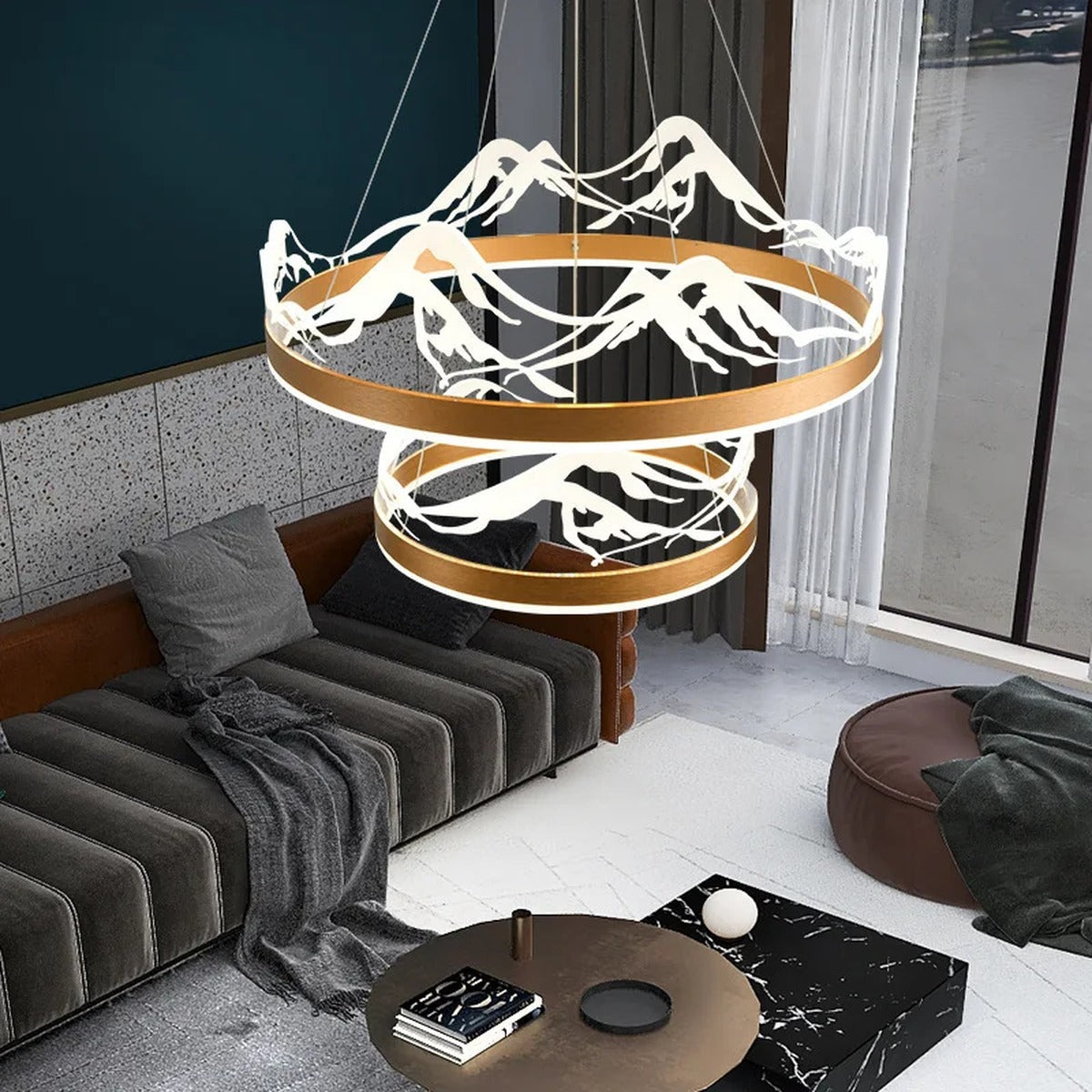 Kaldreth two-tier ring chandelier — lifestyle view in living room