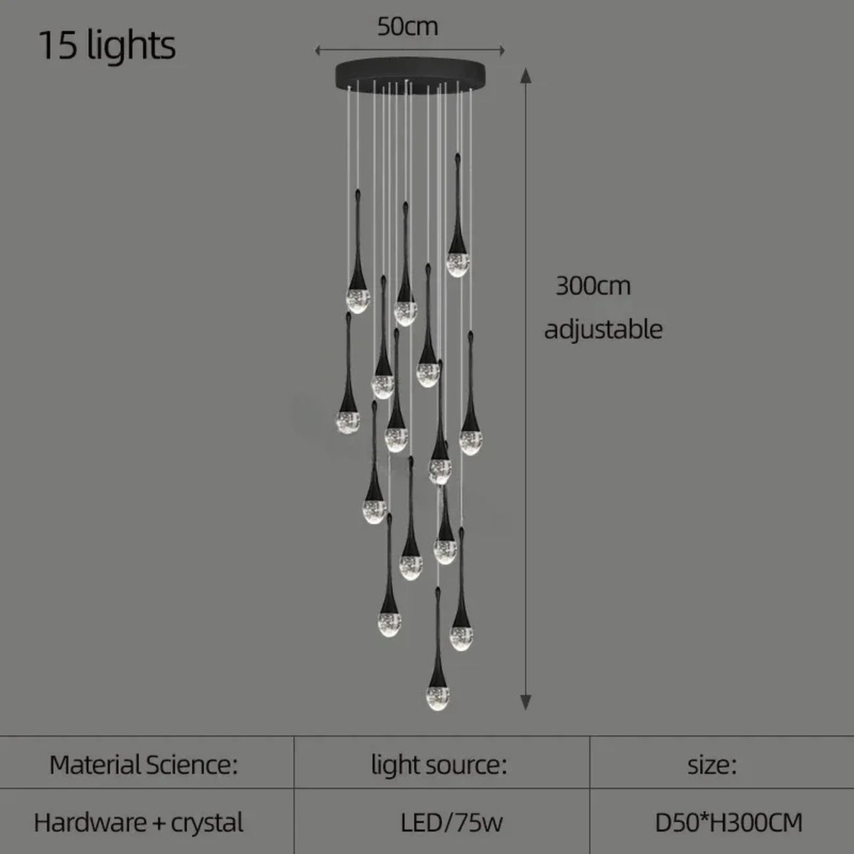 Crystal Raindrop Spiral Chandelier – Lumenvault – Size Chart, 15 Lights