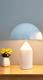 Bolentrix Ivory White mushroom table lamp on wood console with flowers