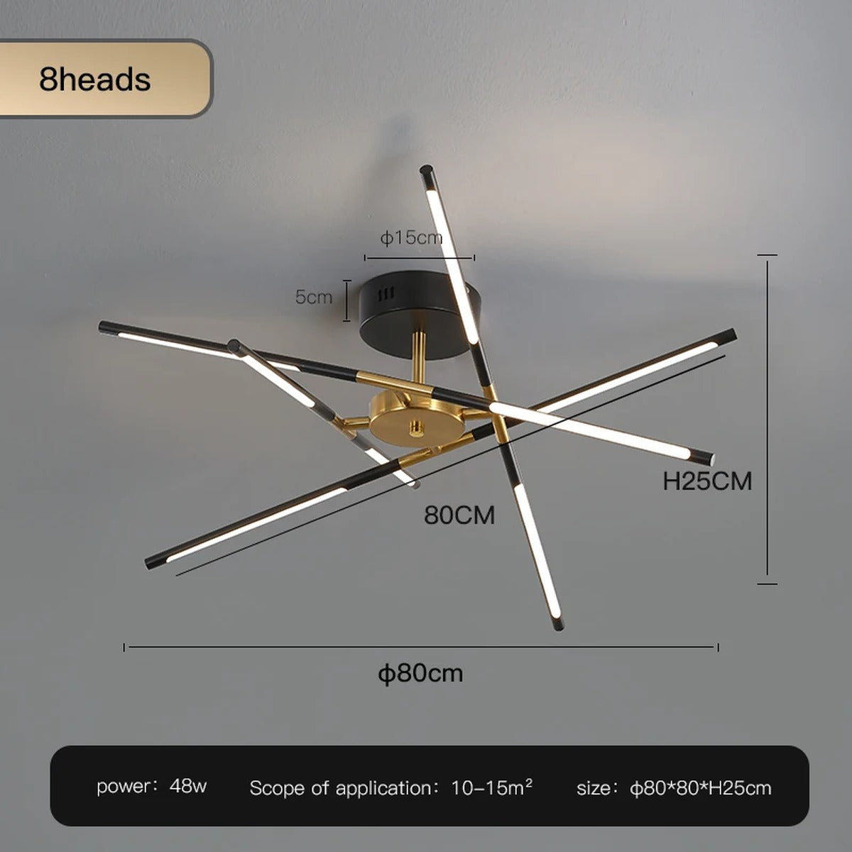 Solendra Black 8 Heads dimension diagram, 80cm diameter