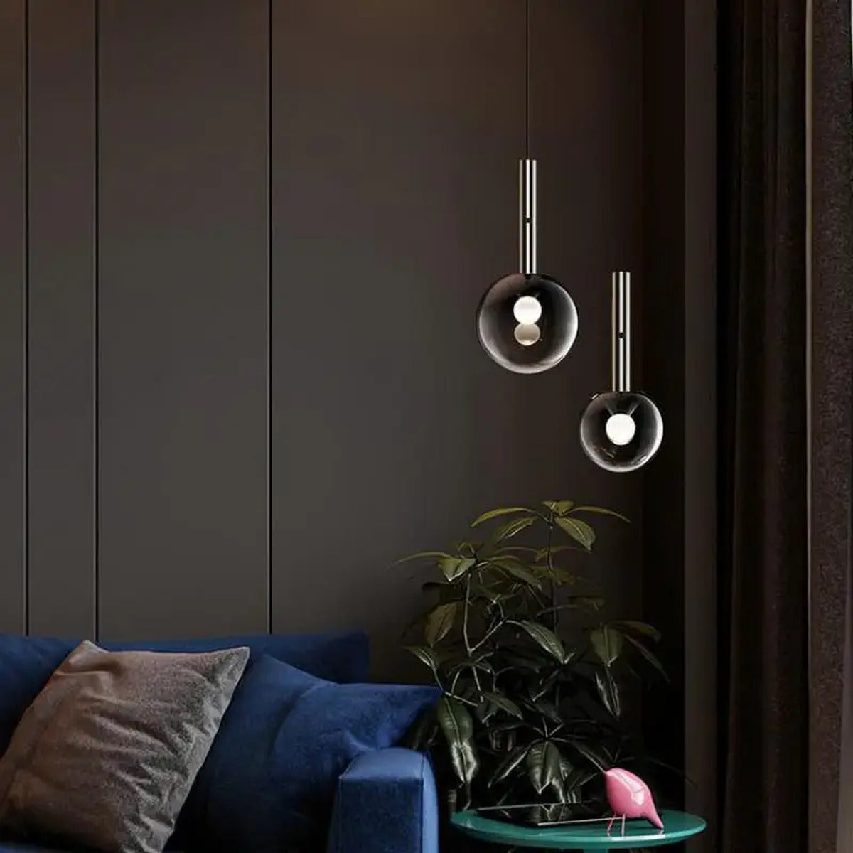 Prismavik pendant lights above a living room side table