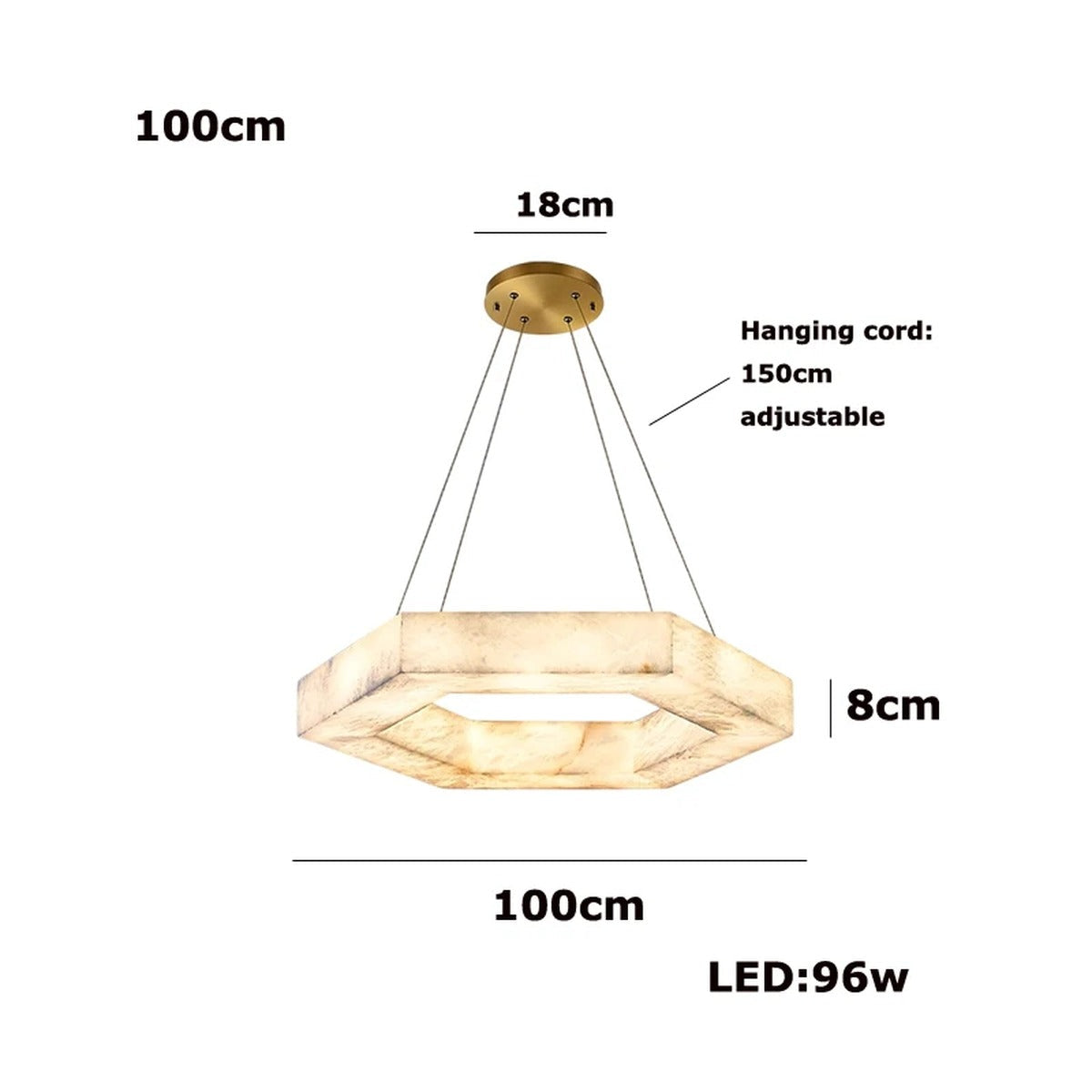 Orivex hexagonal alabaster pendant, Ø100cm ring — dimensions