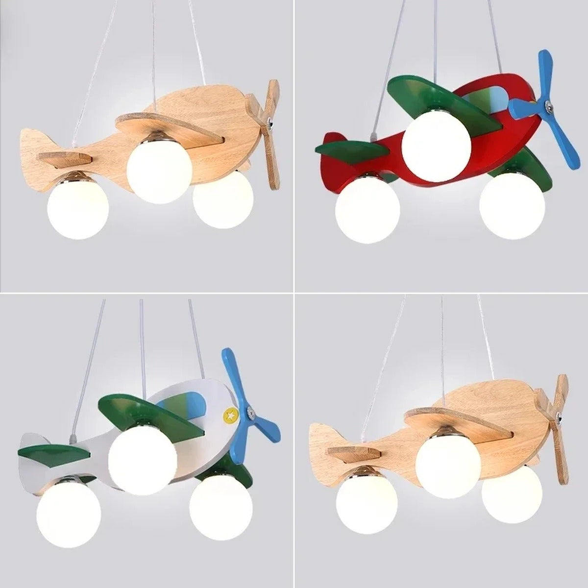Wood Aircraft Chandelier Avirath — Natural Wood and Red Painted Finish Comparison