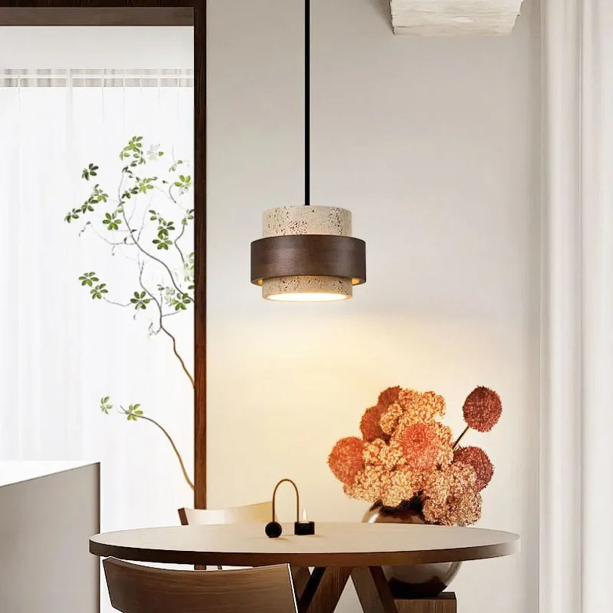 Travertine Drum Pendant Bar Light – Kevorn – Single Pendant, Dining Nook