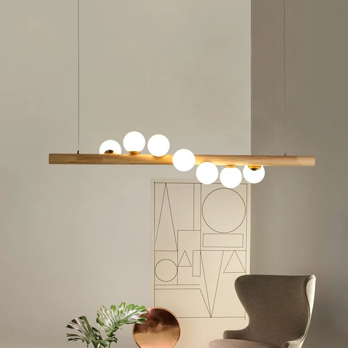 Staggered Glass Orb Wood Beam Chandelier – Orbison – Lifestyle View 2