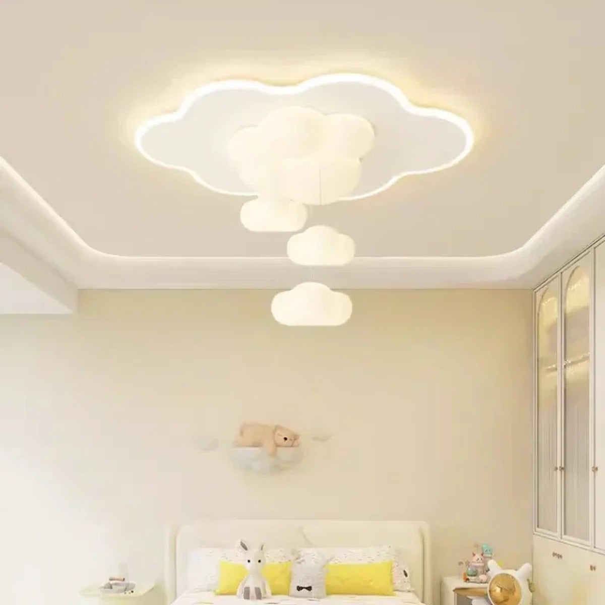 Fjordel cloud cluster tiered LED ceiling light — three white cloud forms in children's bedroom