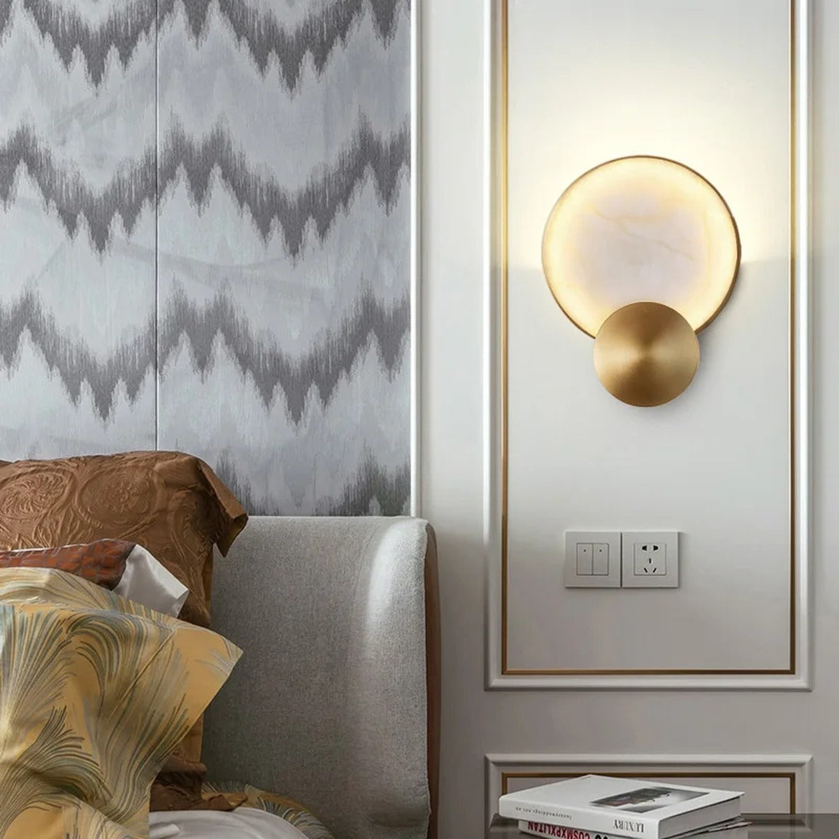 Alabaster Disc & Brass Circle Wall Sconce & Pendant – Tarleon – Lifestyle in Bedroom