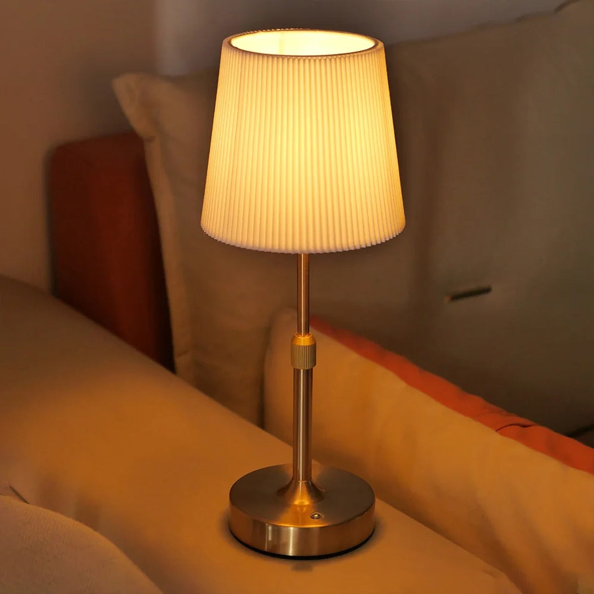 Cordless Bedside Table Lamp – Luxandor – Pleated Shade, Gold – Hero Shot
