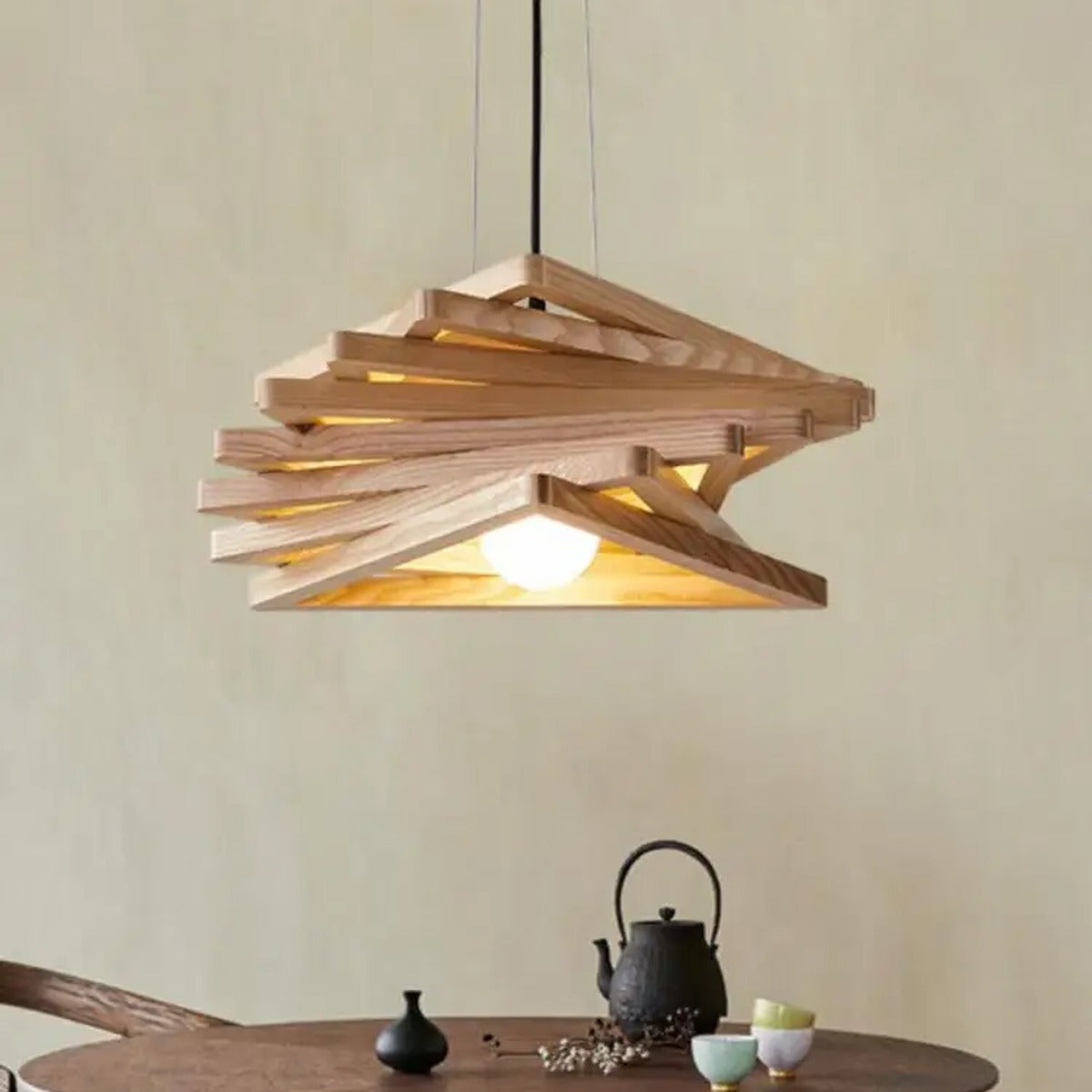 Spiral Wood Slat Cone Pendant Light – Selraith – Lifestyle View 4