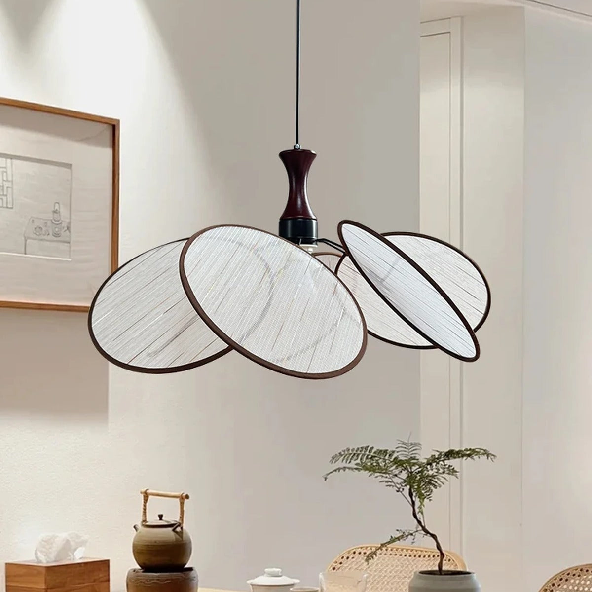 Woven Linen Petal Disc Pendant Light – Florenth – Lifestyle View 2