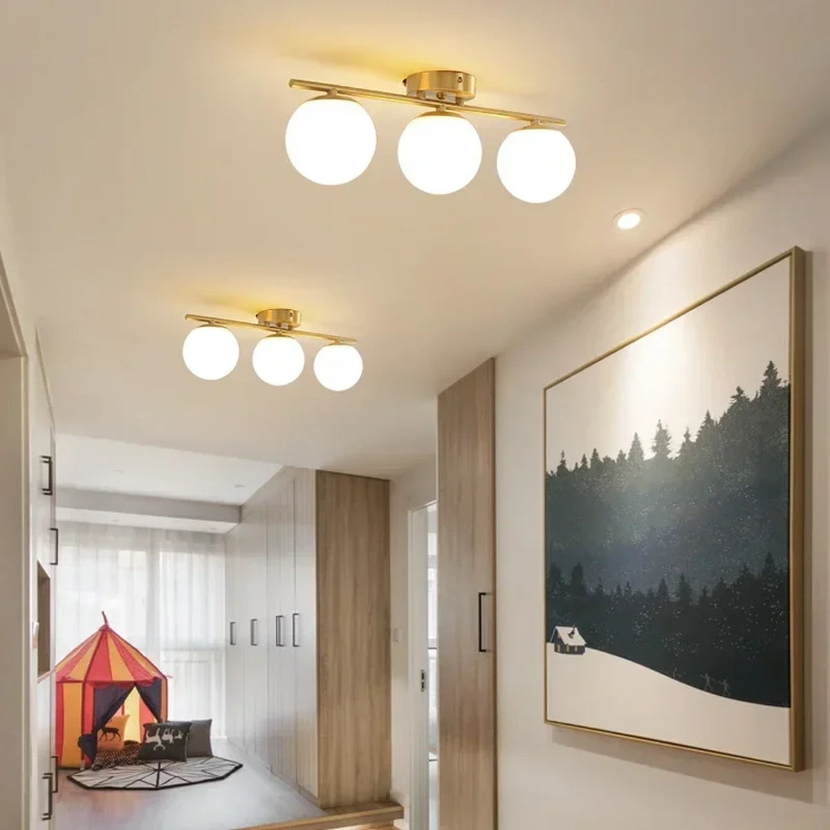 Serenox glass globe ceiling light, 3-light brushed gold, view 2