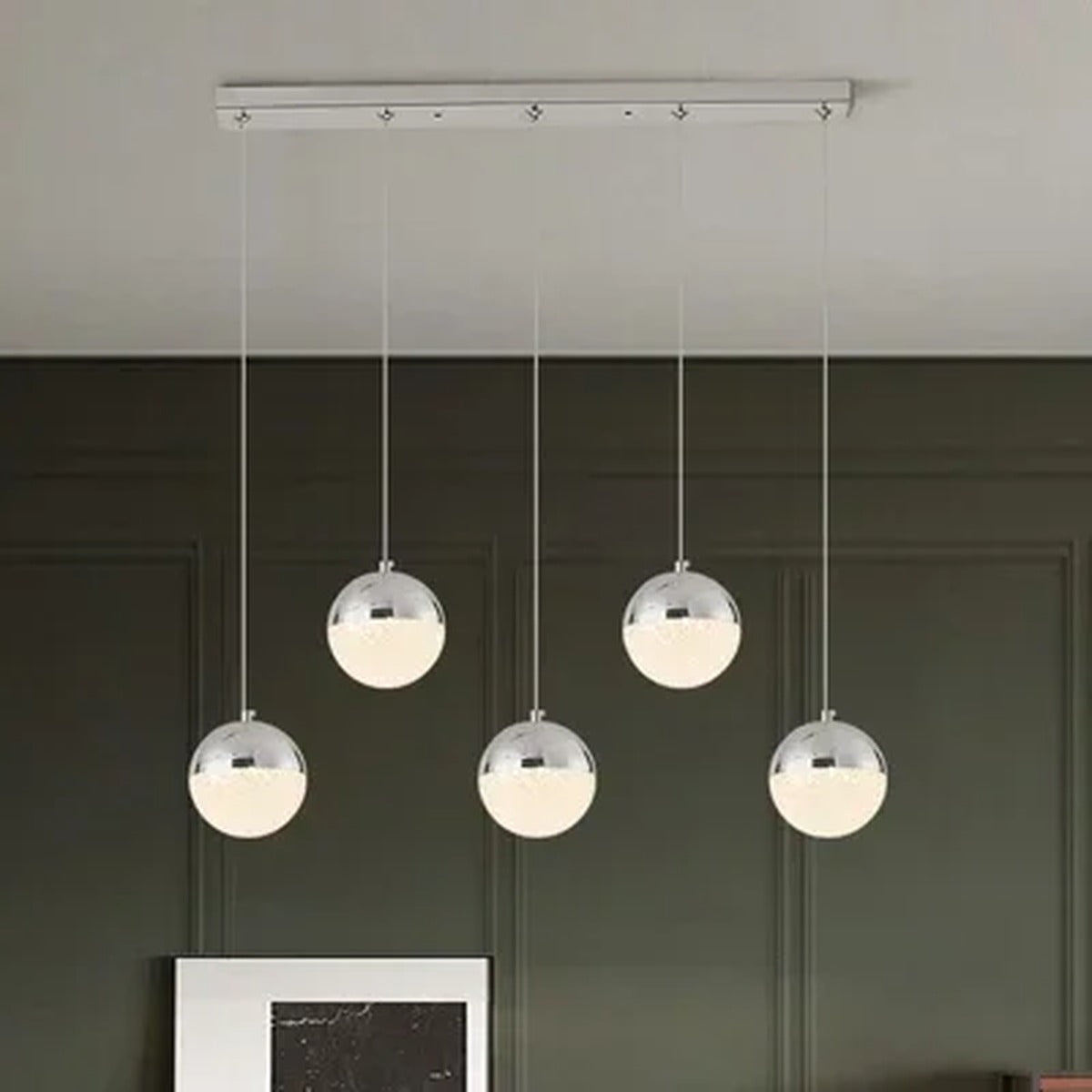 Sand-Textured Crystal Sphere Chandelier Orvenna — 5 Heads Linear Canopy, Silver