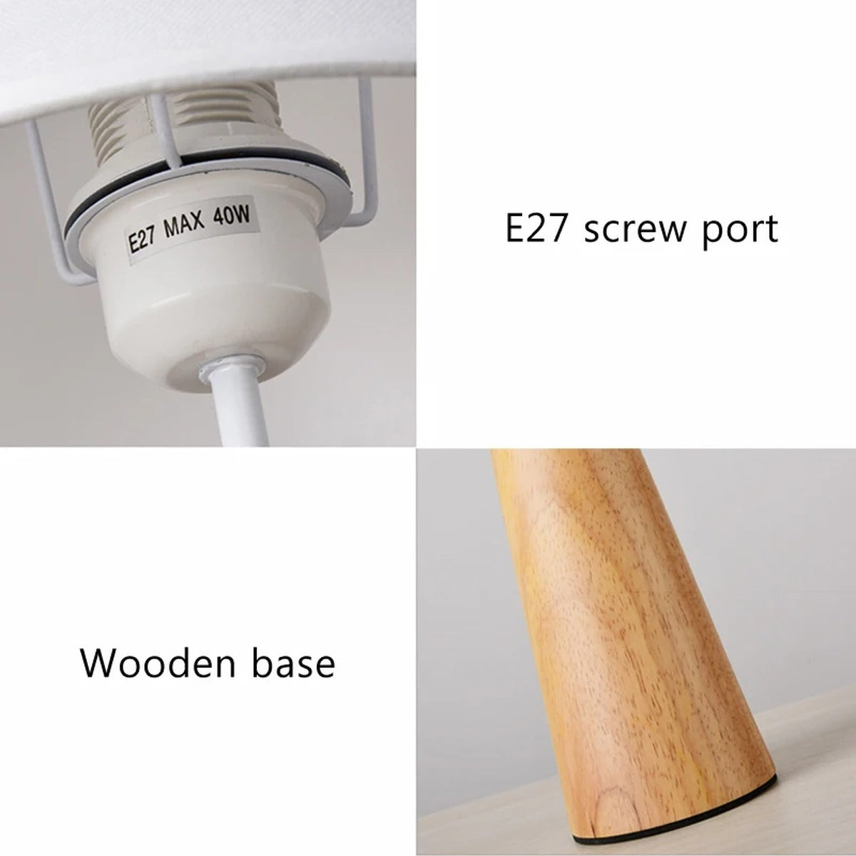 Solid Wood Cone Base Linen Shade Table Lamp – Darlivo – E27 Socket and Wooden Base Detail