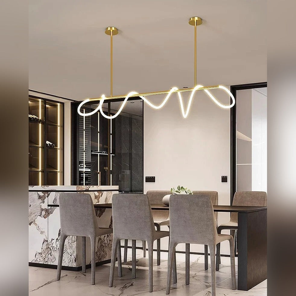 Delvoria sculptural LED pendant light in brushed gold, dining room alternate view