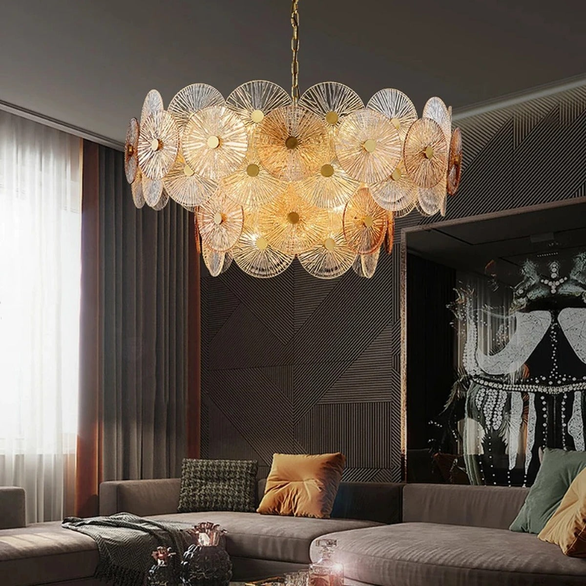 Iralux round drum chandelier above a living room sofa