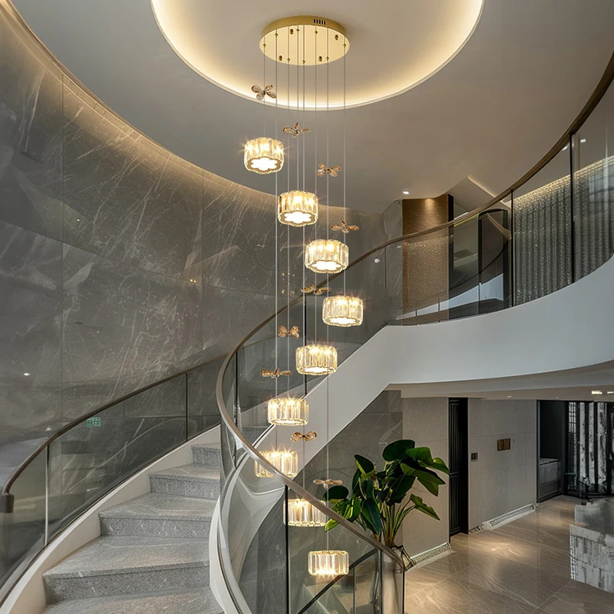 Spiral Crystal Cascade Staircase Chandelier Xelvara – Lifestyle in Stairwell
