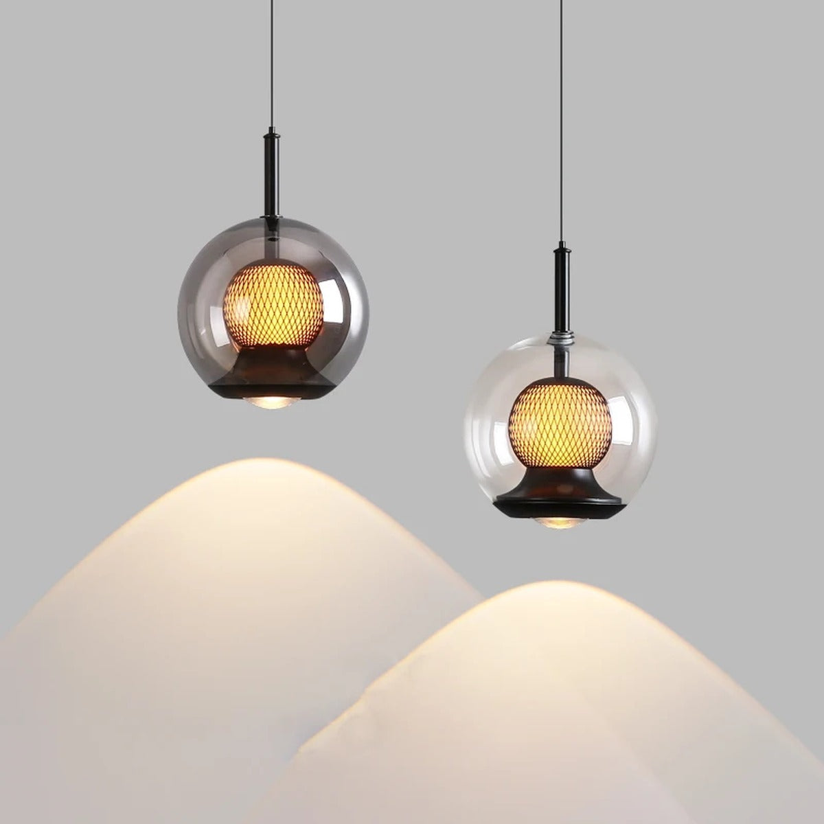 Glass Globe & Inner Mesh Pendant Light – Evrix – Studio Detail, Clear and Smoky Grey Glass