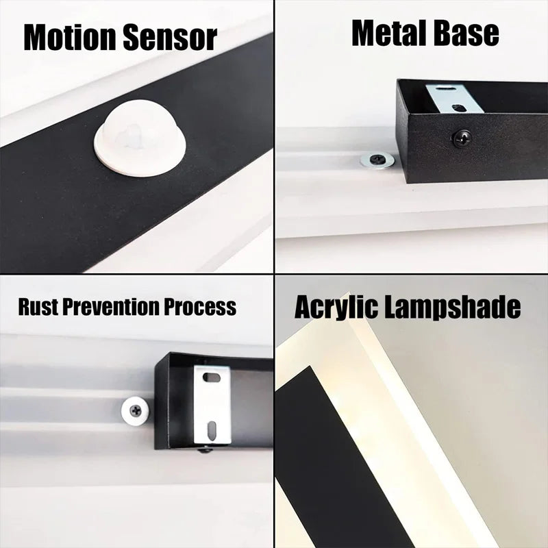 Veltora detail: motion sensor, metal base, rust prevention, acrylic lampshade